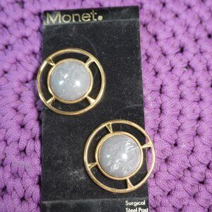 Monet Womens Grey And Gold Surgical Steel Round Circular Vintage Earrings